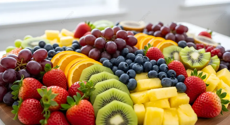 Färska grönsaker och frukter arrangerade på ett träbord